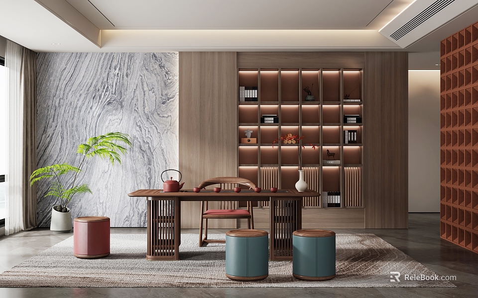 Serene Tea Room Interior With Wooden Shelf Lighting Table Tea Set And Marble Wall 3d model 