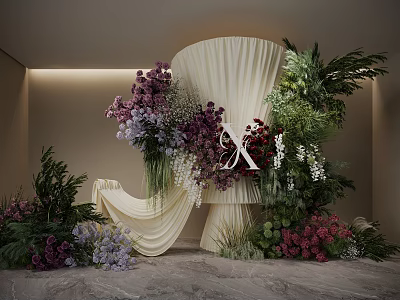 Elegant Floral Installation With Purple Pink Blooms Green Foliage And White Curtain For Romantic Wedding 3d model