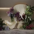 Elegant Floral Installation With Purple Pink Blooms Green Foliage And White Curtain For Romantic Wedding