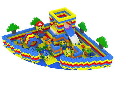 Colorful Building Blocks Play Area With Slide Trees And Fun Structures For Kids 3d model