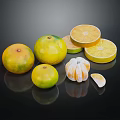 Fresh Whole and Sliced Citrus Fruits Arranged on Black Reflective Surface