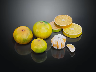 Fresh Whole and Sliced Citrus Fruits Arranged on Black Reflective Surface 3d model