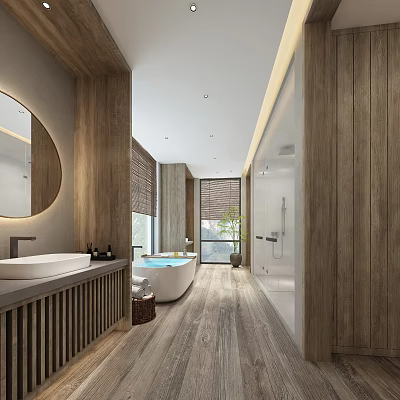 Modern Hotel Bathroom Interior With Wooden Elements Round Mirror Bathtub And Shower 3d model