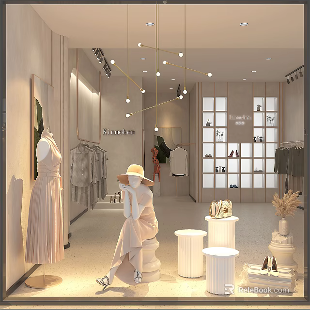 Modern Clothing Store Interior With Fashion Apparel Mannequins Shoes Bags And Display Shelves 3d model 