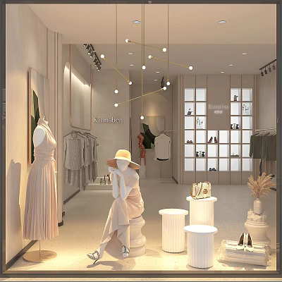 Modern Clothing Store Interior With Fashion Apparel Mannequins Shoes Bags And Display Shelves 3d model