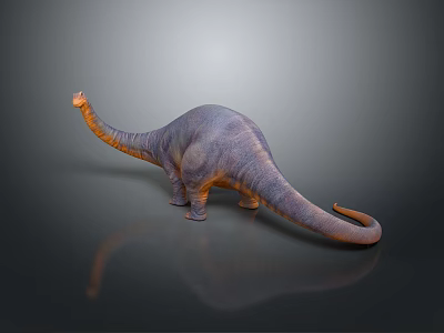 Purple And Orange Sauropod Dinosaur With Long Neck Tail On Gray Background And Reflection 3d model