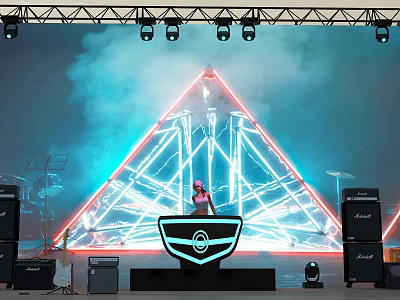 Professional Stage DJ Equipment Setup With Neon Triangle Backdrop Lighting And Sound Systems 3d model
