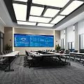 Modern Conference Room Interior With Large Screen Data Charts Long Table Chairs And Windows 3d model