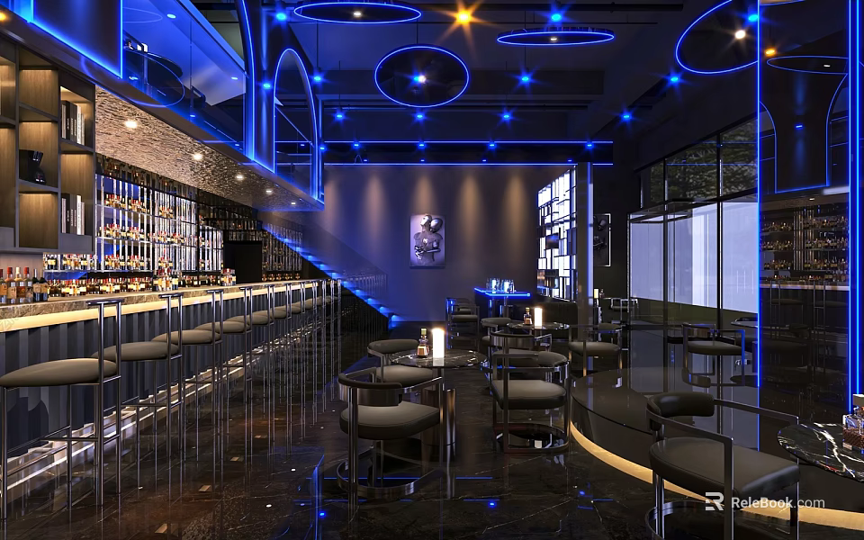 Stylish Modern Bar Interior With Blue Lighting Bar Counter And Leather Seats 3d model 