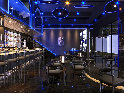 Stylish Modern Bar Interior With Blue Lighting Bar Counter And Leather Seats 3d model
