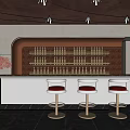 Elegant Modern Bar Counter Design With Wine Rack Bottles And Red Cushioned Stools