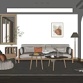 Modern Minimalist Living Room Interior With Gray Sofa Armchair Wooden Coffee Tables