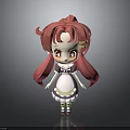 Cute 3D Cartoon Character With Pink Twin Tails Red Eyes White Dress Purple Green Trim
