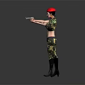 Female Character In Camouflage Uniform With Red Beret Holding Gun Against Gray Background