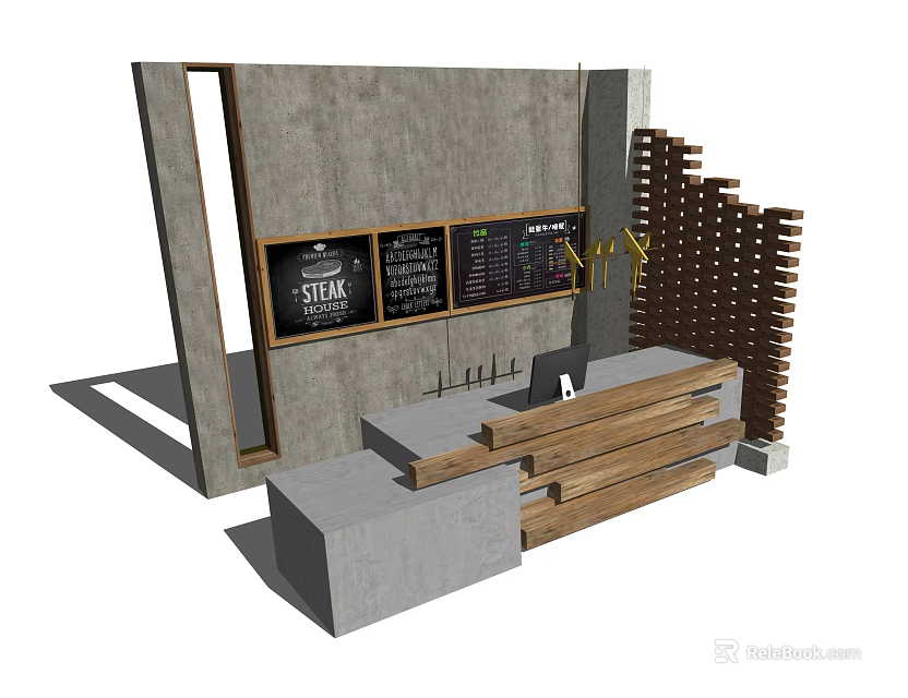 Modern Reception Desk Featuring Concrete Wooden Structure Blackboard Menu And Slatted Panel 3d model