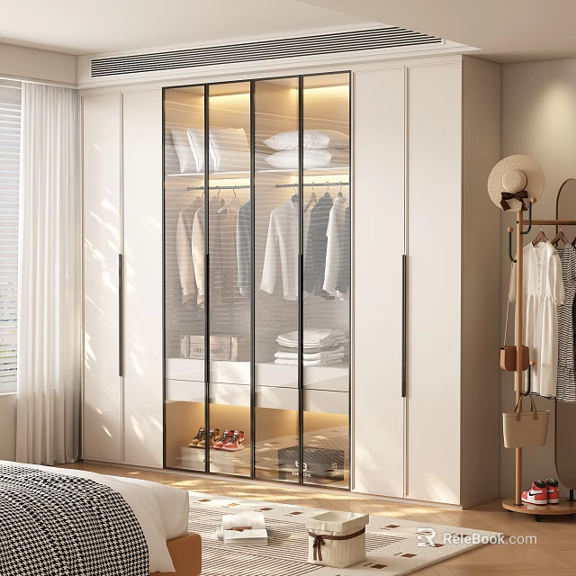 Modern Minimalist White Wardrobe With Glass Doors And Built In Warm Lighting For Bedroom Storage 3d model 