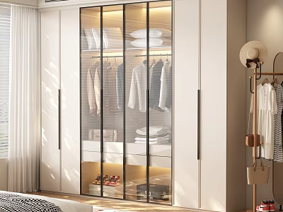Modern Minimalist White Wardrobe With Glass Doors And Built In Warm Lighting For Bedroom Storage 3d model