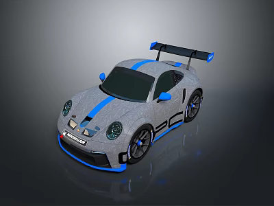 Gray Sports Car With Blue Stripes Rear Wing And Sporty Design 3d model
