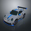 Gray Sports Car With Blue Stripes Rear Wing And Sporty Design
