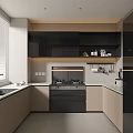 Modern Kitchen Interior Design With Black Cabinets Beige Countertops Window Stove And Sink