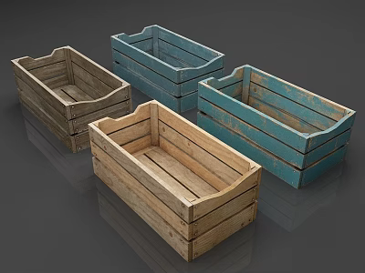 Four Rustic Wooden Storage Boxes With Natural And Blue Tones Open Top Design 3d model