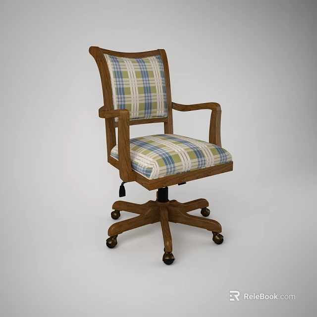 Comfortable Wooden Armchair With Plaid Cushion Backrest Armrests And Wheeled Base 3d model 