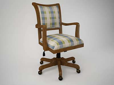 Comfortable Wooden Armchair With Plaid Cushion Backrest Armrests And Wheeled Base 3d model