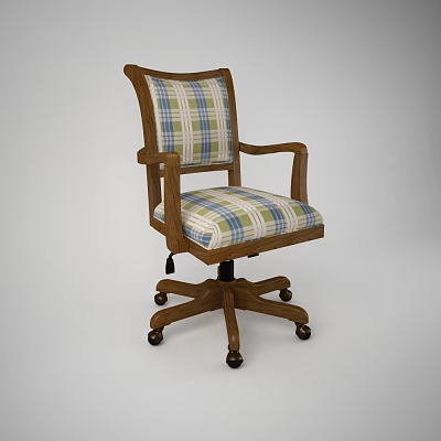 Comfortable Wooden Armchair With Plaid Cushion Backrest Armrests And Wheeled Base 3d model