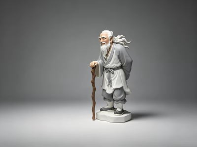 Classical Elderly Man Sculpture with White Beard Traditional Robes and Walking Stick on White Base 3d model