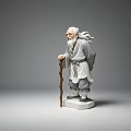Classical Elderly Man Sculpture with White Beard Traditional Robes and Walking Stick on White Base