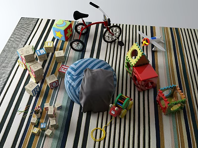 Colorful Building Blocks with Toy Bicycle Slide and Cushion on Striped Rug 3d model