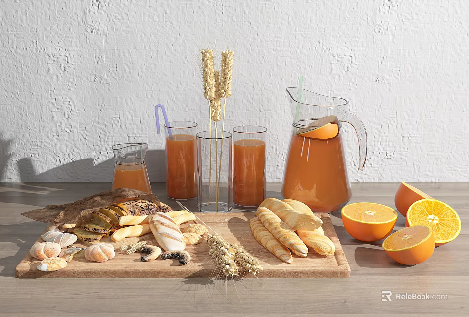 Fresh Bread Cookies Nuts and Sliced Oranges with Orange Juice on Wooden Cutting Board 3d model 