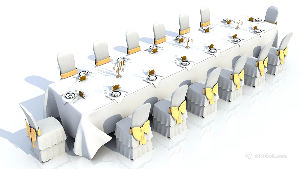 Elegant Dining Table Setup With White Tablecloth Yellow Bow Chairs And Candle Holders 3d model 