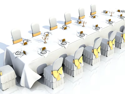 Elegant Dining Table Setup With White Tablecloth Yellow Bow Chairs And Candle Holders 3d model