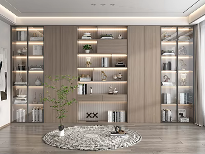 Modern Wooden Bookshelf Interior With Glass Doors Books Decorations Plants And Lighting 3d model