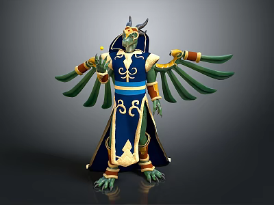 Mythical Creature Character Design With Green Body Blue Robe Yellow Accents And Horns 3d model