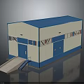 Industrial Warehouse Building With Blue Roof White Walls Windows Blue Doors And Loading Ramp