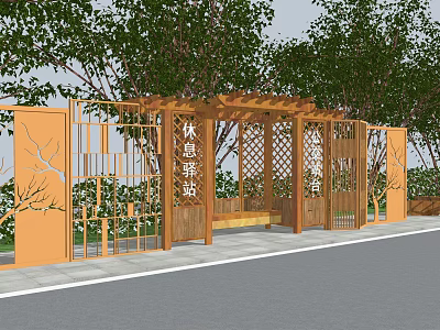 Wooden Pergola Rest Station with Lattice Design and Seating Bench Surrounded by Trees 3d model
