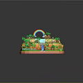 Vibrant Modern 3D Island Scene With Rainbow Waterfall Huts Palm Trees And River Bridge