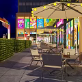 Vibrant Illuminated Commercial Street With Shops Pedestrians Colorful Pavement And Decorative Plaza