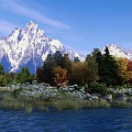 Breathtaking Mountain Lake Scenery With Blue Sky Snow Capped Peaks Colorful Trees And Grassy Shore