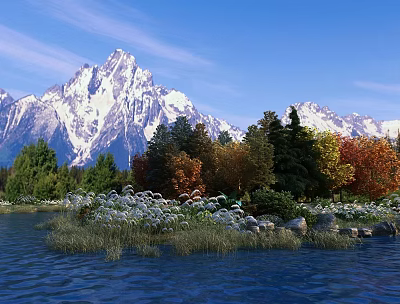 Breathtaking Mountain Lake Scenery With Blue Sky Snow Capped Peaks Colorful Trees And Grassy Shore 3d model