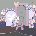 Purple Inflatable Party Setup with Balloon Arch Heart Decor Flower Bouquets and Black Shopping Bags