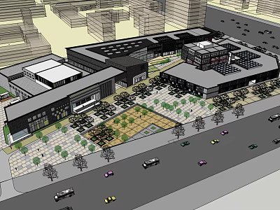 Modern Urban Commercial Complex Design With Plaza Trees Roads And Vehicles 3d model