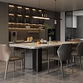 Modern Restaurant Interior With Marble Dining Table Six Chairs Cabinets And Decorative Plant