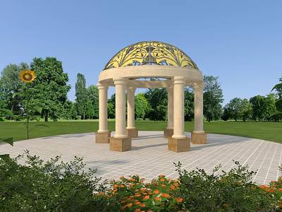 Elegant Gazebo with Golden Decorated Dome in Garden Surrounded by Green Lawn Trees and Flowers 3d model