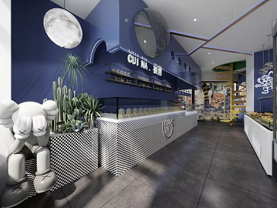 Blue Themed Dessert Shop Interior With Moon Decor Plants And Checkerboard Counter 3d model