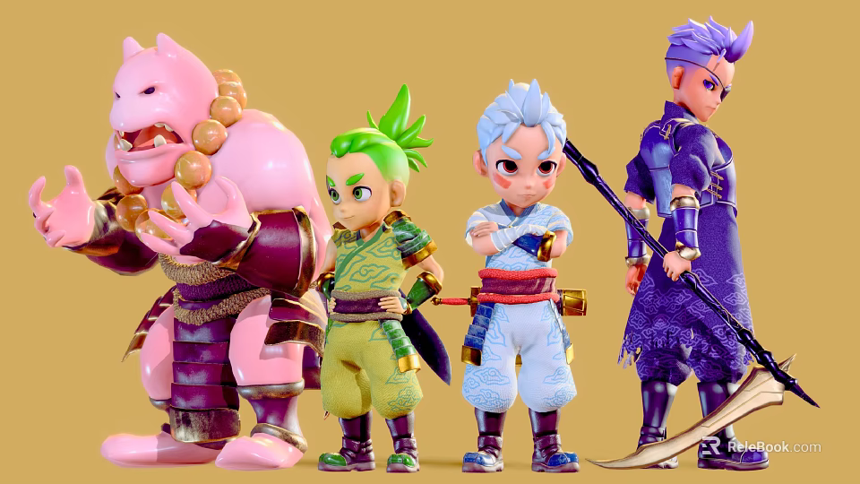Animated Group of Characters Featuring Pink Creature Green Blue Purple Haired Figures With Weapons 3d model 
