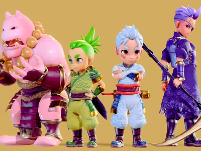 Animated Group of Characters Featuring Pink Creature Green Blue Purple Haired Figures With Weapons 3d model