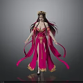 Woman In Red Long Dress With Golden Decorations Long Hair Headpiece And Flowing Ribbons